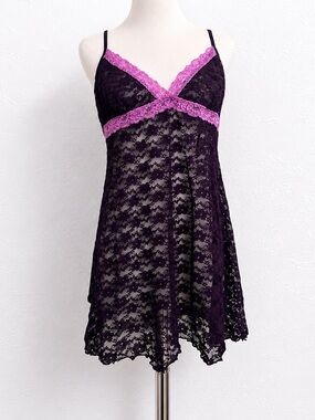 Vintage Purple Lace Babydoll Slip Dress Y2K Sheer Lingerie Fairycore XL